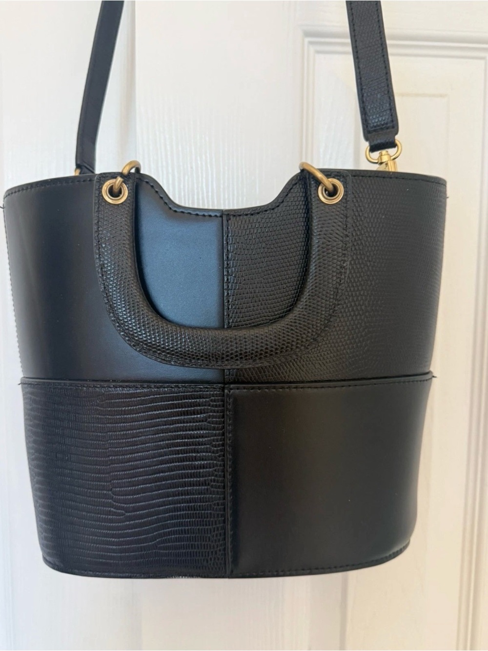 STAUD Black Mixed-Texture Bucket Shoulder Bag